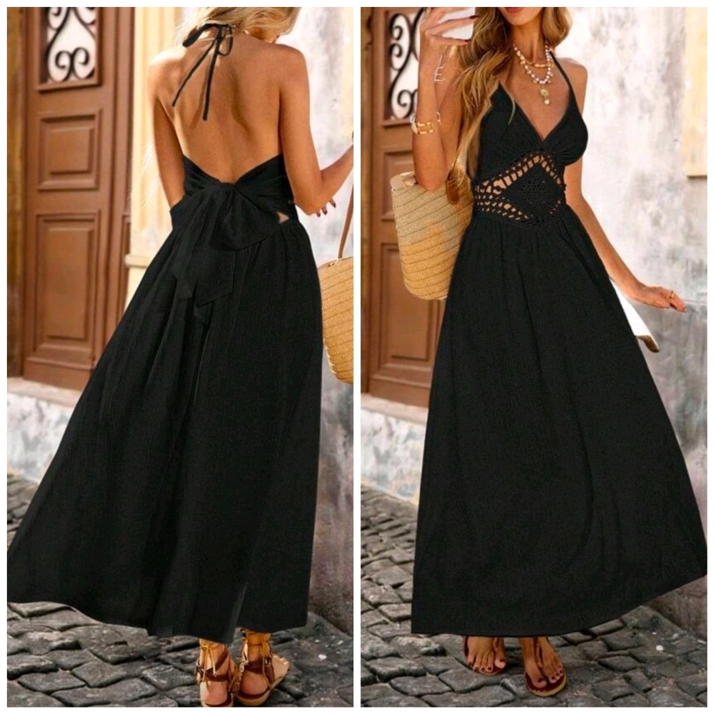 New Boho Sheer Crochet Knit Tie Back Long Dress Black